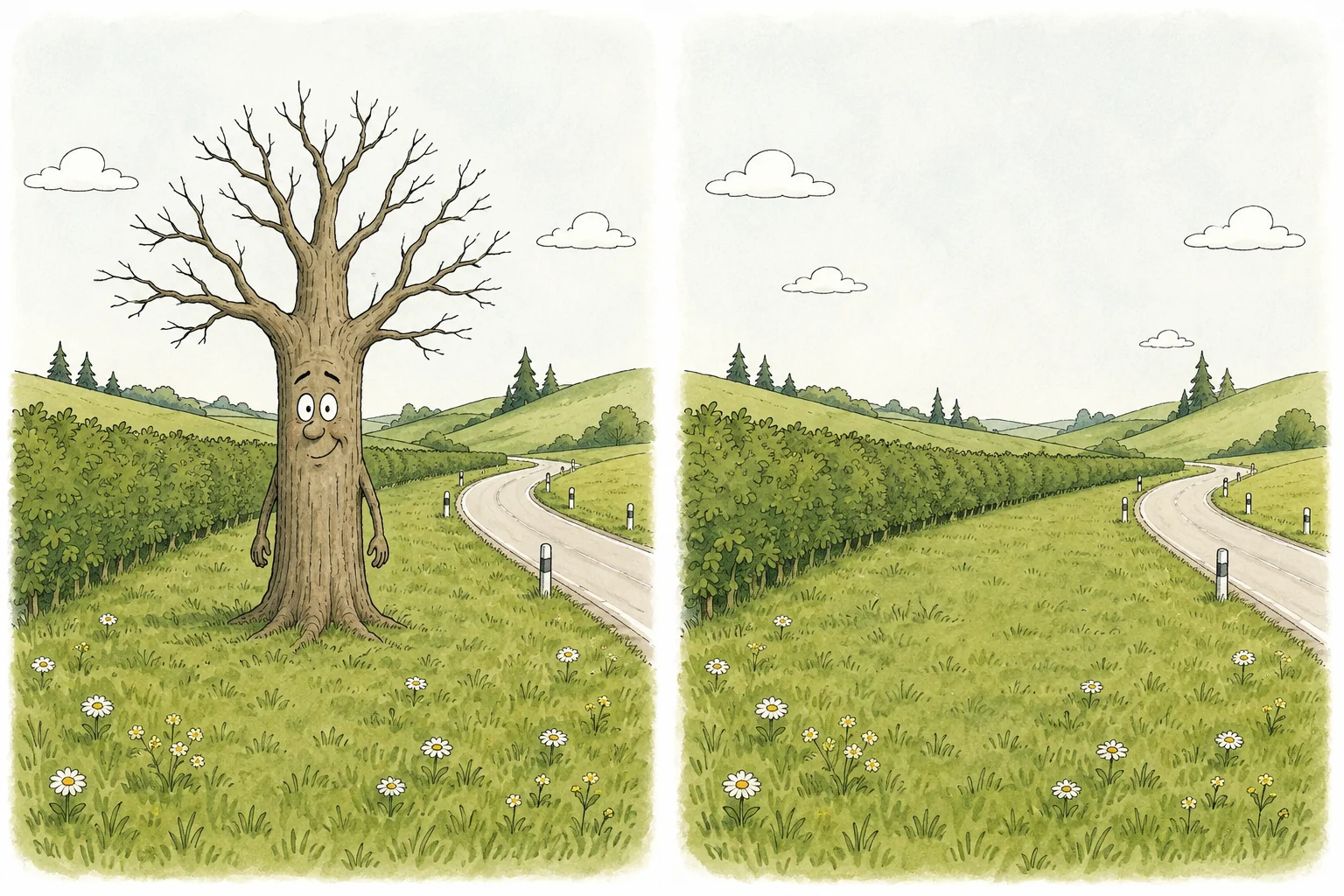 A bare cartoon tree standing in a meadow, and the same meadow with no tree at all.