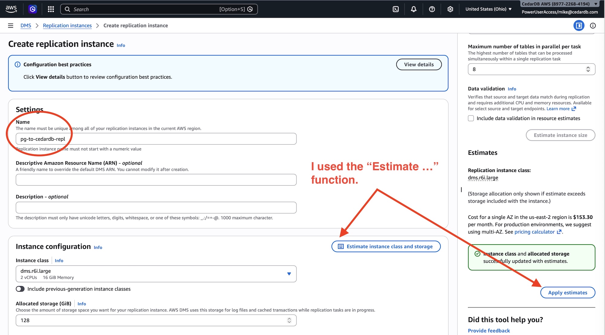 Create replication instance step 1