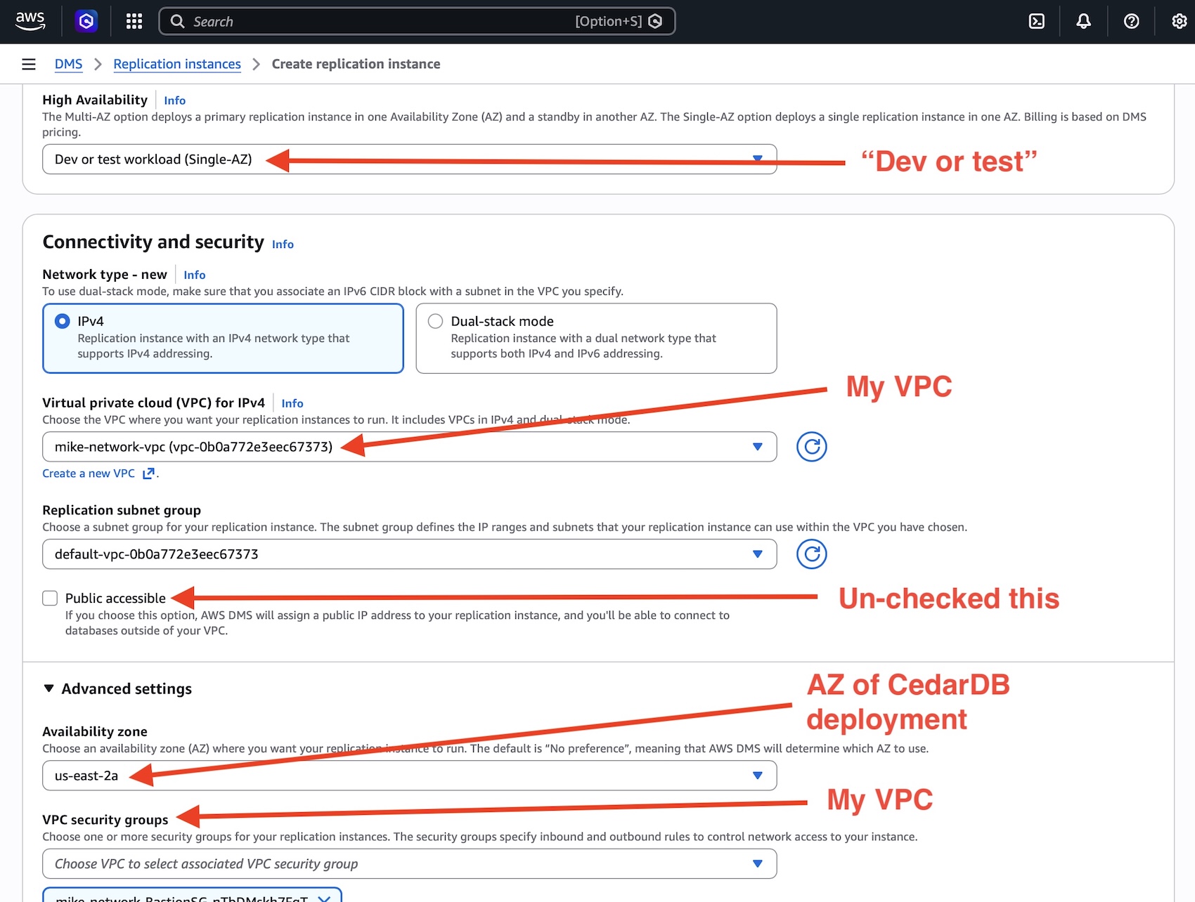 Create replication instance step 2