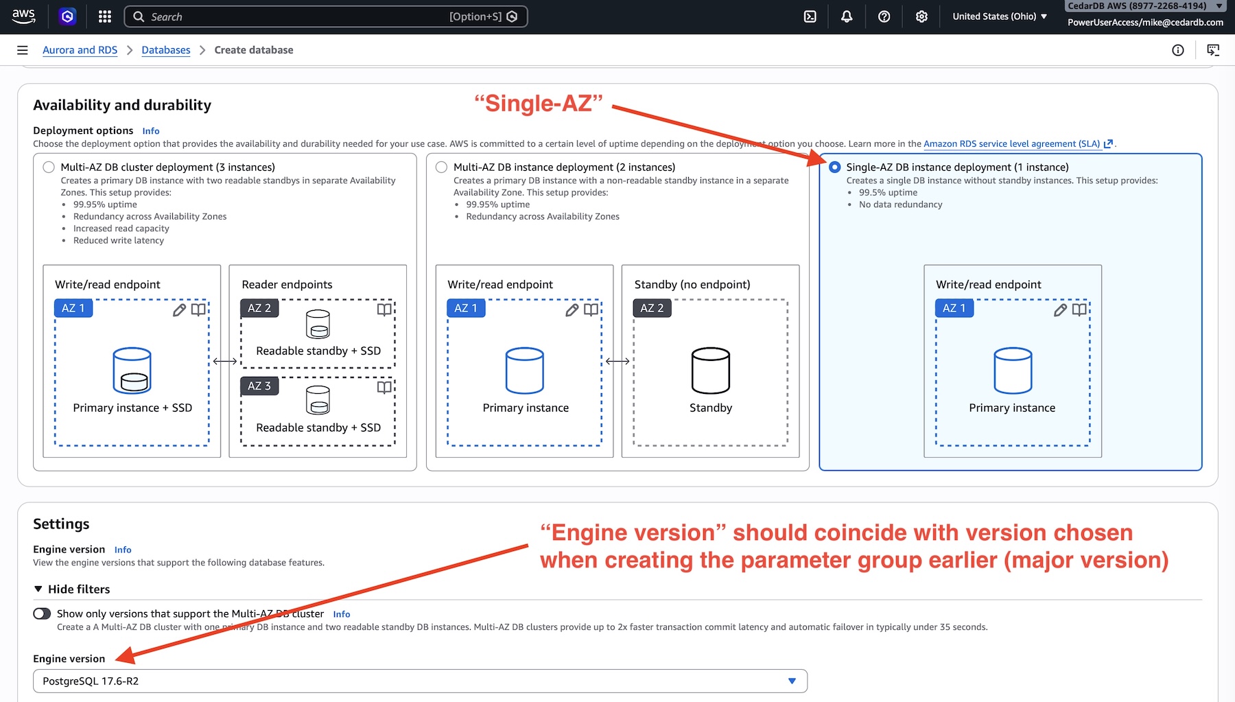 Version, dev test, single AZ