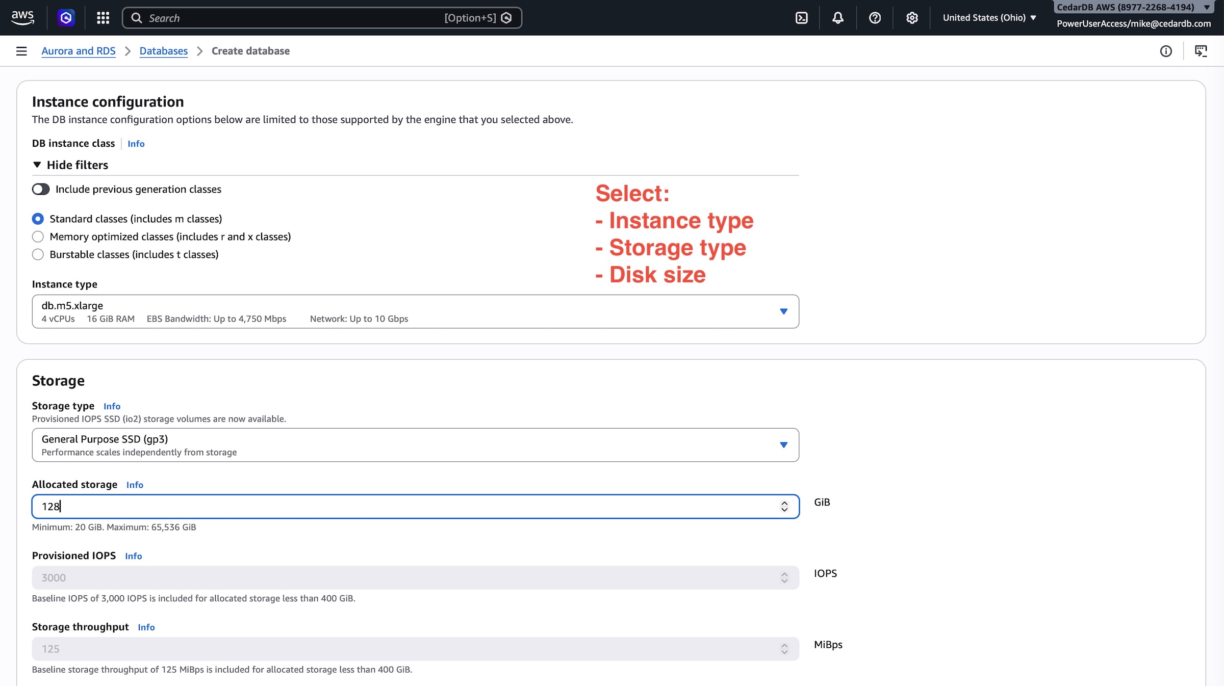 Instance type and storage