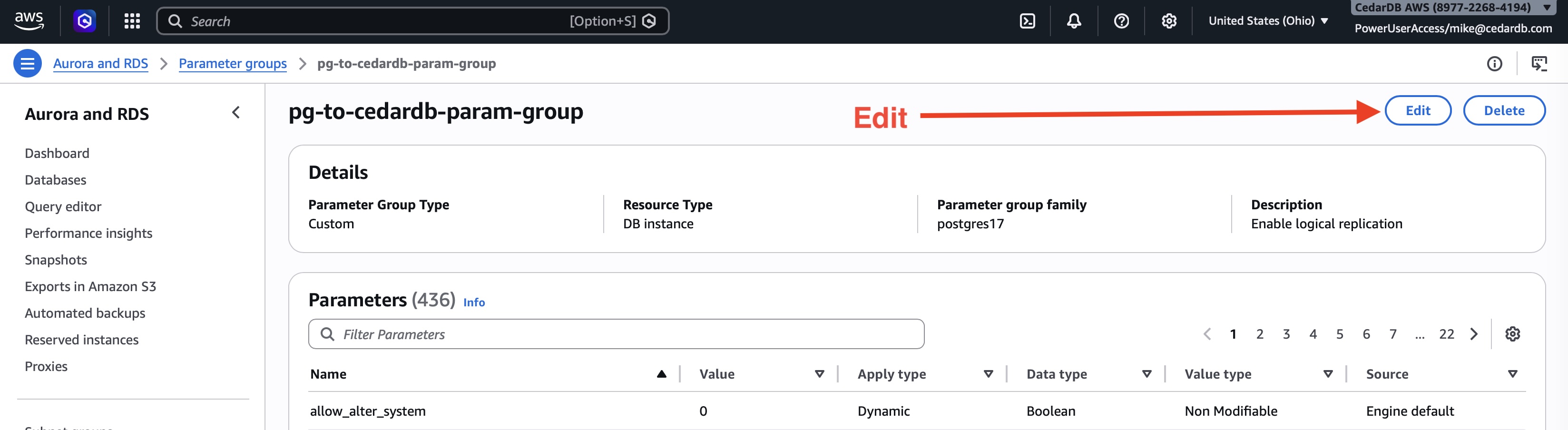 Edit new parameter group