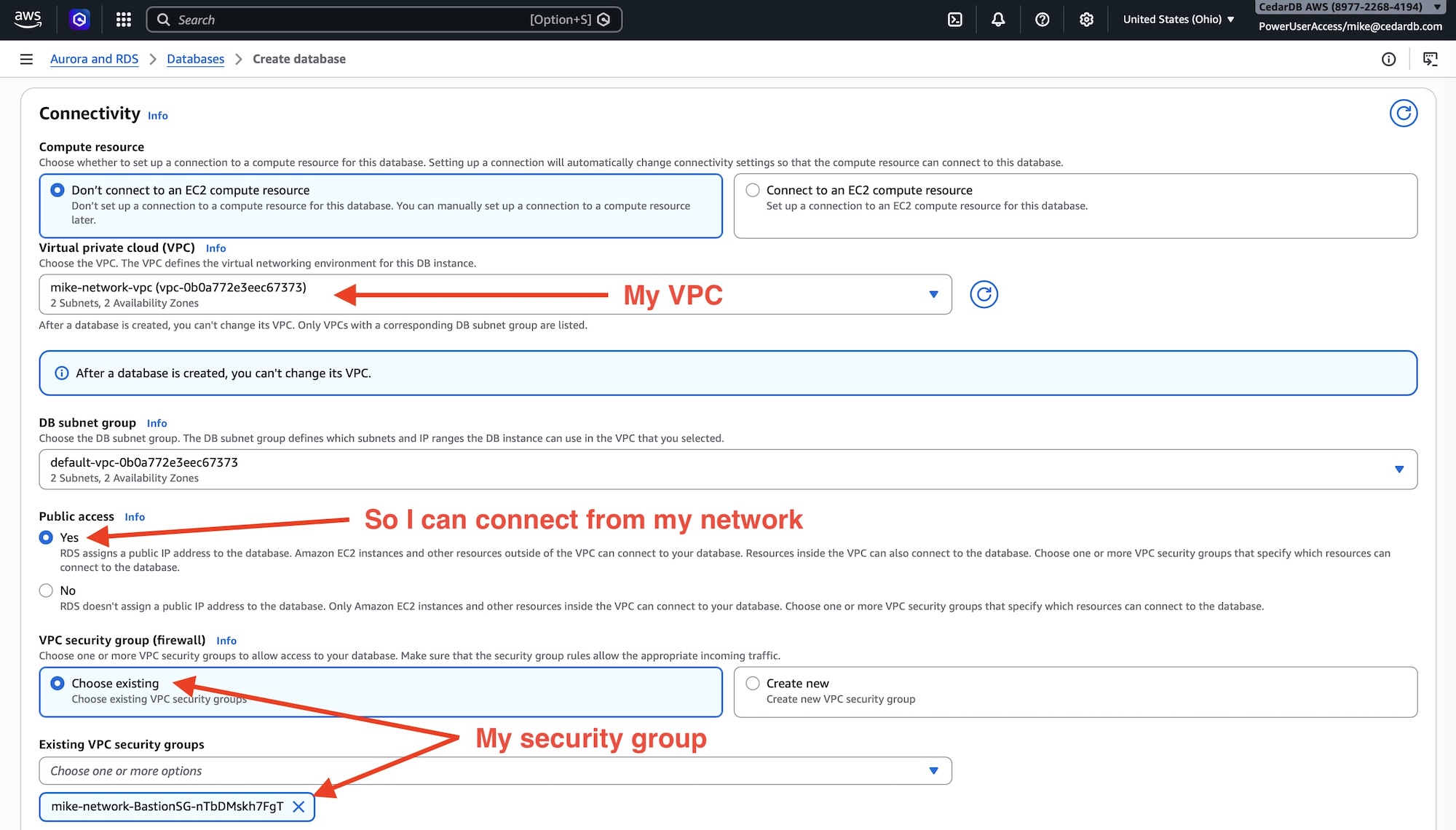 Choose VPC, public access