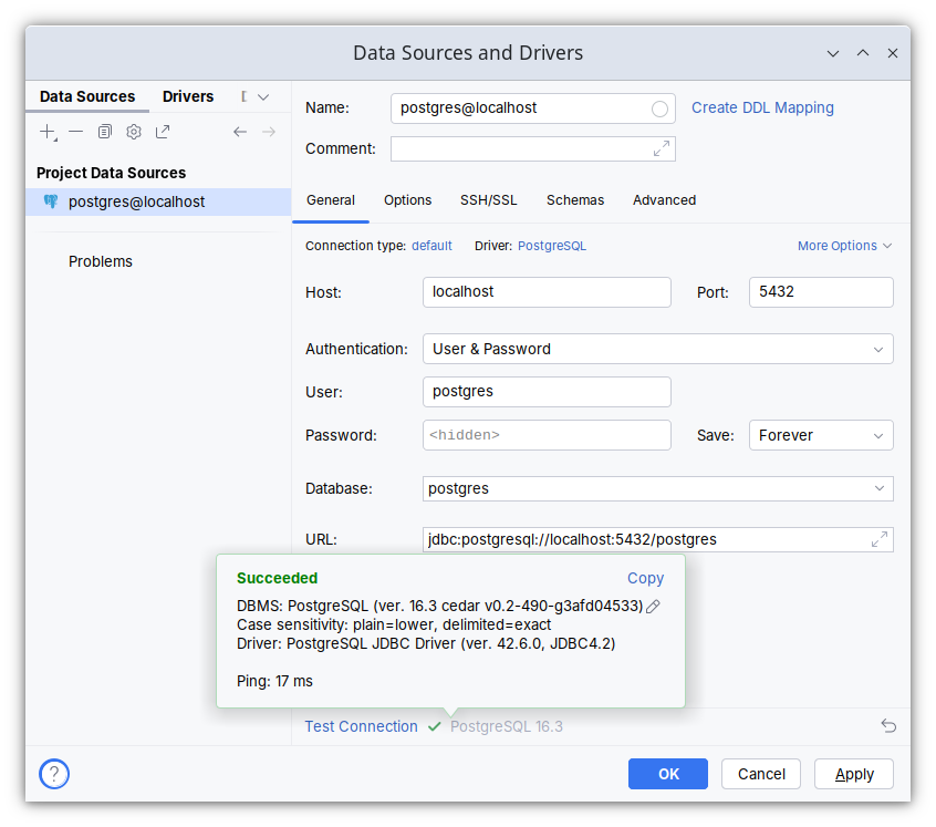 CedarDB connection settings